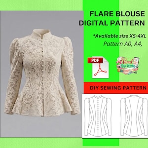 Puede incluir: Un patrón digital de blusa acampanada de color crema. La blusa presenta un cuello alto, mangas largas y una botonadura frontal. El patrón está disponible en tallas XS-4XL e incluye los patrones A0 y A4. La imagen también incluye un icono PDF y el texto "DIY SEWING PATTERN."