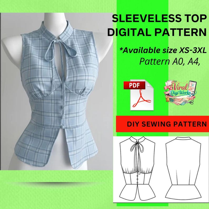 May include: A light blue plaid sleeveless top displayed on a mannequin. The top features a high collar, a tie detail, and a button-down front. The image includes text that reads "SLEEVELESS TOP DIGITAL PATTERN" and "DIY SEWING PATTERN".