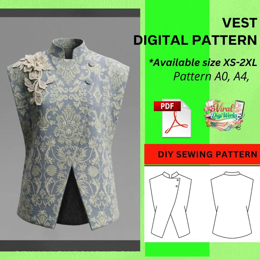 Mandarin Collar Vest Sewing Pattern – Asymmetrical Waistcoat PDF (XS ...