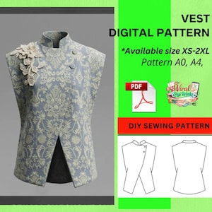 Könnte beinhalten: Ein digitales Schnittmuster für eine Weste. Die Weste ist hellblau mit einem verzierten floralen Design und einer dekorativen Blume auf der Schulter. Das Bild enthält den Text "VEST DIGITAL PATTERN" und "DIY SEWING PATTERN".