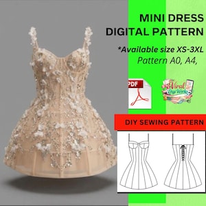 May include: A beige mini dress with floral embellishments and a sweetheart neckline. The dress is a digital pattern, available in sizes XS-3XL. The image also includes a PDF icon and the text "DIY SEWING PATTERN".