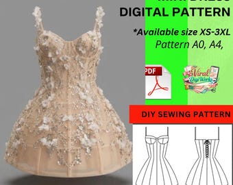 Corset Mini Dress Sewing Pattern, Couture Evening Gown, XS-3XL (Digital Download)