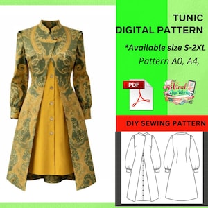 Op de afbeelding: Een digitaal naaipatroon voor een tuniek. De tuniek wordt getoond op een foto, met een gele jurk en een groen-gouden patroonjas. De afbeelding bevat de tekst "TUNIC DIGITAL PATTERN" en "DIY SEWING PATTERN". Beschikbare maten zijn S-2XL.