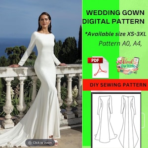 May include: A white wedding gown digital pattern with long sleeves and a mermaid silhouette. The pattern is available in sizes XS-3XL and includes A0 and A4 patterns. The image also includes a PDF icon and the text "DIY Sewing Pattern".