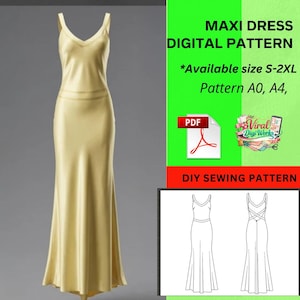 Può includere: Un abito lungo giallo dorato con scollo a V e spalline sottili. L'immagine include un modello digitale per taglie S-2XL, con il testo "MAXI DRESS DIGITAL PATTERN" e "DIY SEWING PATTERN".