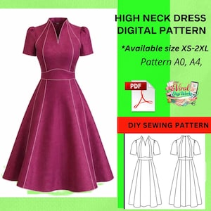 Op de afbeelding: Een bordeauxrode jurk met hoge hals, korte mouwen en een uitlopende rok. Witte biezen accentueren de naden. De afbeelding bevat tekst: "HIGH NECK DRESS DIGITAL PATTERN" en "DIY SEWING PATTERN". Een PDF-pictogram is ook zichtbaar.