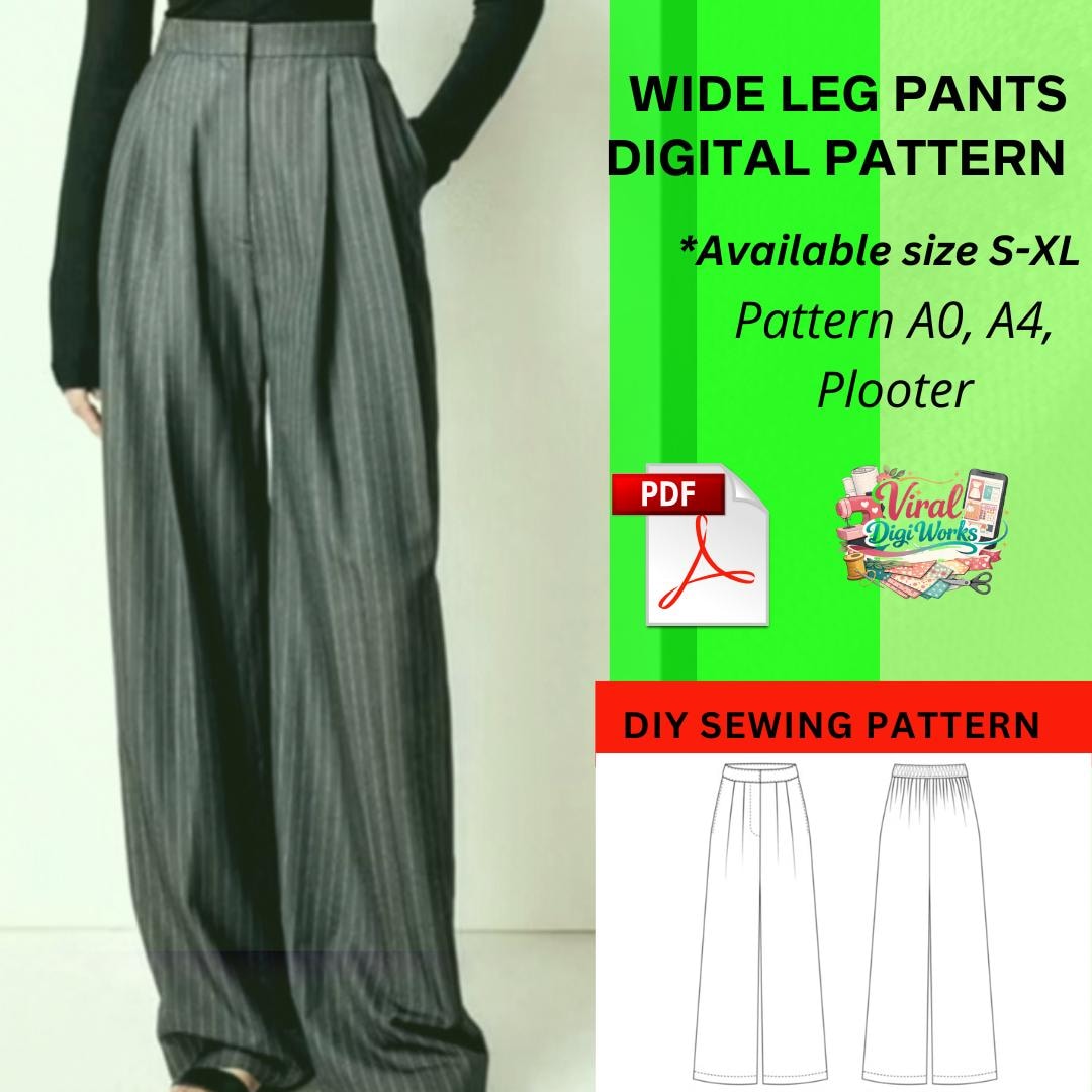 Wide Leg Pants Sewing Pattern | High Waist Trousers, Pleated, Elastic ...