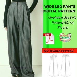 Peut inclure: Pantalon large gris à rayures verticales. L'image comprend un patron de couture numérique avec le texte "WIDE LEG PANTS DIGITAL PATTERN" et "DIY SEWING PATTERN". Tailles disponibles S-XL.