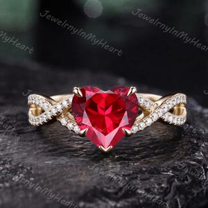 Vintage Heart Cut Ruby Engagement Ring Solid Yellow Gold Ring Diamond Crossover Band Red Gemstone Promise Ring For Her Fine Handmade Jewelry