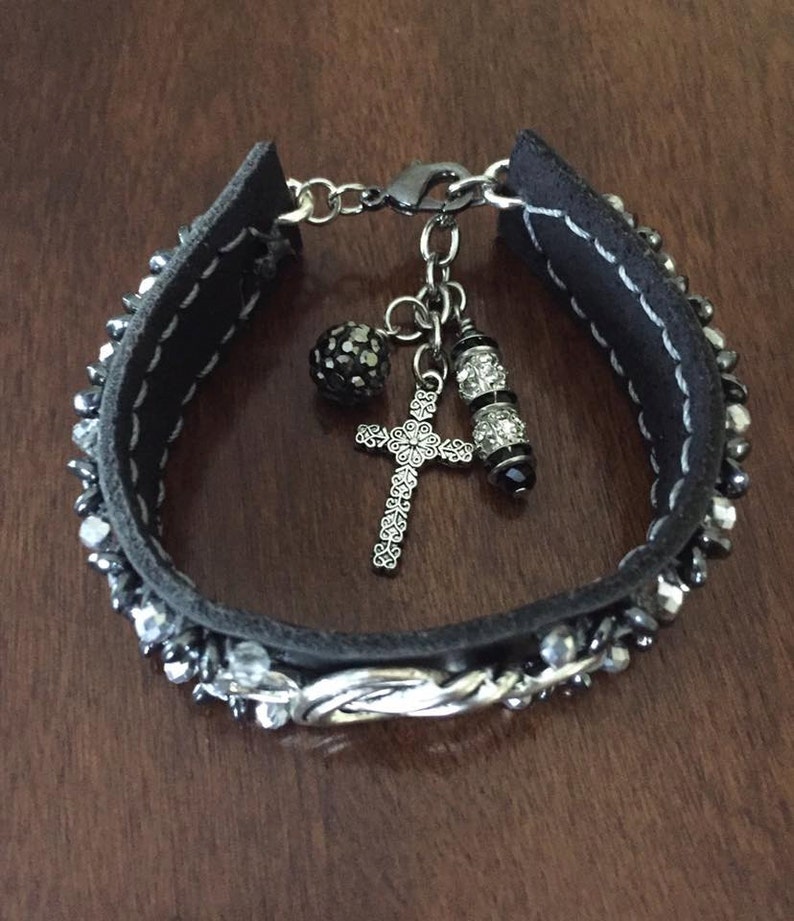 Black Leather Strap Silver Knot Bracelet Etsy