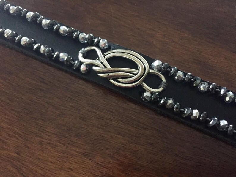 Black Leather Strap Silver Knot Bracelet Etsy