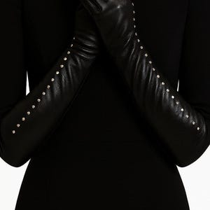 Women’s Long Black Leather Gloves – Genuine Leather Opera Gloves with Gold Studs for Winter, Formal & Evening Wear
