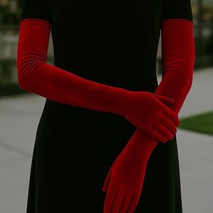 Long Red Velvet Gloves for Women, Elegant Evening Dress Accessory, Soft Stretchy Fabric, Stylish Arm-Length Formal Party Gloves
