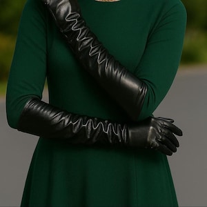 Long Black Sheepskin Leather Gloves: Silk Lined Opera Length
