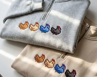 Embroidered Pixel Chicken Quarter Zip Sweatshirt, Stardew Valley Inspired Gaming Apparel,I’m Starting To Feel Exhausted Shirt