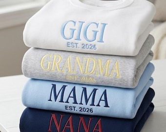 Felpa girocollo personalizzata per la nonna, maglietta ricamata Gigi Mimi Nana, regalo personalizzato per la festa della mamma, felpa carina per tutta la famiglia.