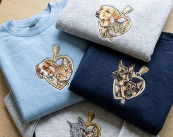 Felpa personalizzata con ritratto di animale domestico ricamato, girocollo con ciondolo a cuore per cani e gatti, felpa per coppie di animali domestici