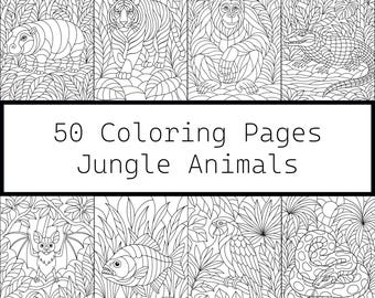 Jungle Animals Coloring Pages: 50 Wildlife Line Art Sheets (Digital Download PDF)