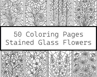 Stained Glass Flower Coloring Book: 50 Printable Floral Designs (PDF Download
