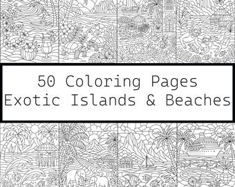 Exotic Islands Coloring Pages: Tropical Vacation Scenes (Digital PDF)