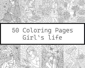 50 Girls Life Coloring Pages: Stress Relief & Therapy (PDF)