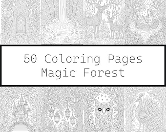 Magic Forest Coloring Pages: Fantasy Woodland Scenes, Witchy Art (PDF Download)