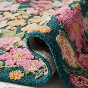 Pode incluir: Um tapete floral enrolado com fundo azul-petróleo e um padrão de flores rosa, amarelas e verdes. O tapete tem uma aparência texturizada e macia, com a borda enrolada mostrando o verso.