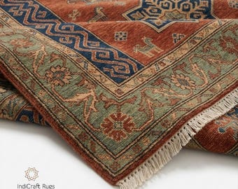 HandKnotted Oushak Wool Rug, Vintage Oriental Turkish Style Carpet, Geometric Rust Blue Area Decor,