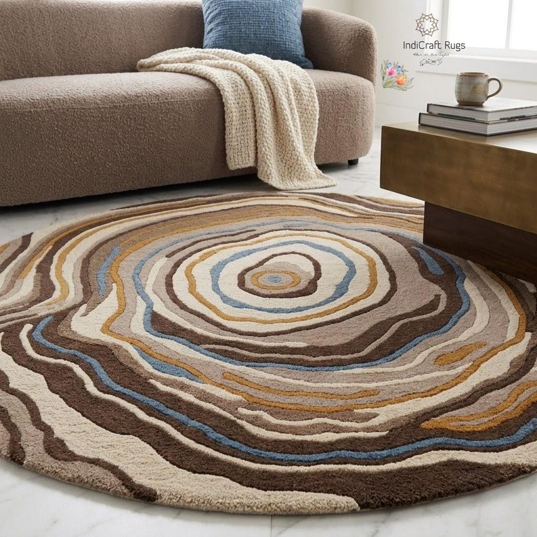 School Geode Rug Hand Tufted Wood Tone Geode Rug, Round Wool Area Rug, Contemporary ...