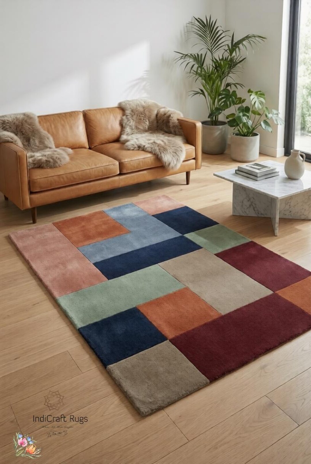 Abstract Modern Hand Tufted Wool Rug, Multicolor Geometric Living Room ...
