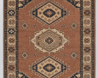 Hand Knotted Oushak Area Rug, Vintage Turkish Style Geometric Tribal Wool Carpet, Boho Living Room Decor