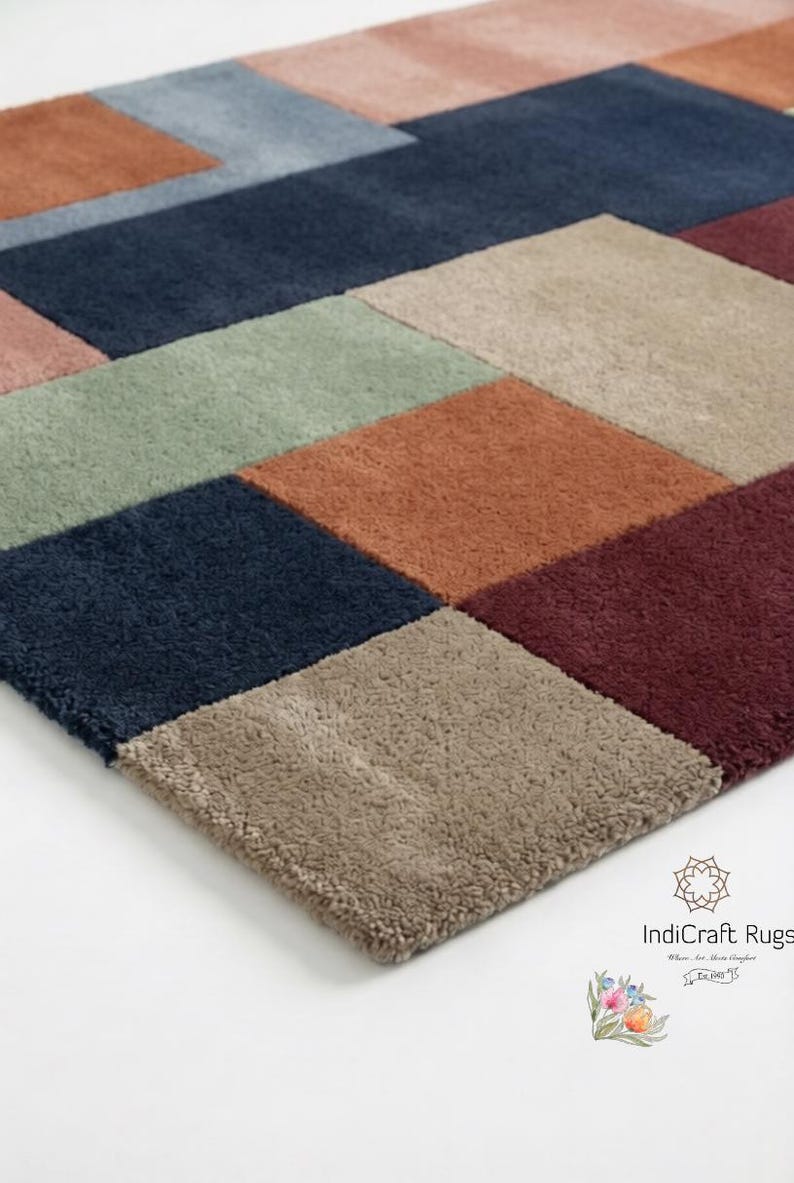 Abstract Modern Hand Tufted Wool Rug, Multicolor Geometric Living Room ...