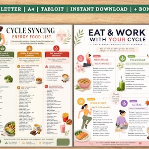 May include: Two digital informational charts titled Cycle Syncing Energy Food List and Eat & Work With Your Cycle. The charts feature illustrations of women, food items, and text detailing nutritional guidelines, hormonal phases, and productivity tips.