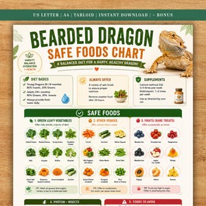 Op de afbeelding: Een infographic getiteld Bearded Dragon Safe Foods Chart met een centrale afbeelding van een baardagame, secties voor dieetbasis, supplementen en gecategoriseerde lijsten van groenten, fruit en insecten met illustraties en tekst.