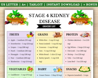 Stage 4 Kidney Disease Food List | Printable Renal Diet Chart | Kidney Friendly Grocery Guide Poster | Digital PDF Download A4 & US Letter