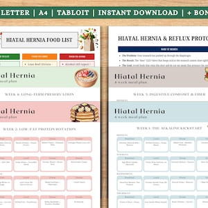 May include: A printable digital download featuring two pages with meal plans for hiatal hernia and reflux. The pages include food lists, meal suggestions, and a reflux protocol. The text includes "Hiatal Hernia" and "4 week meal plan".