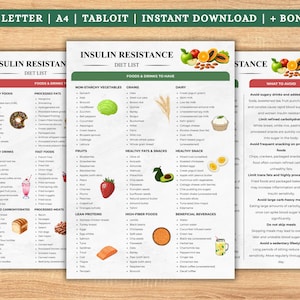 May include: Three printable diet list pages with the title "Insulin Resistance Diet List". The lists categorize foods and drinks to have and avoid, including sugary foods, processed fats, non-starchy vegetables, and grains. The top banner reads "US LETTER | A4 | TABLOIT | INSTANT DOWNLOAD | + BONUS".