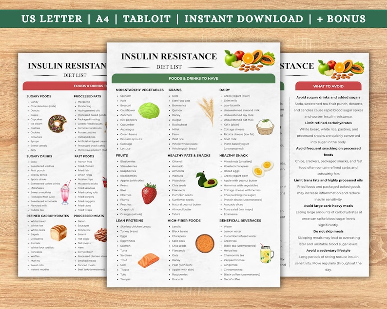 May include: Three printable diet list pages with the title "Insulin Resistance Diet List". The lists categorize foods and drinks to have and avoid, including sugary foods, processed fats, non-starchy vegetables, and grains. The top banner reads "US LETTER | A4 | TABLOIT | INSTANT DOWNLOAD | + BONUS".