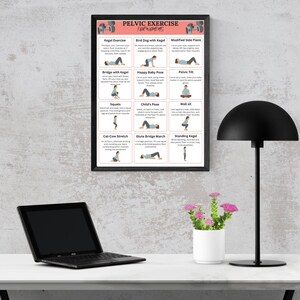 May include: A framed poster titled "Pelvic Exercise for Women" displays illustrated exercises. The poster is black-framed and hangs on a light gray wall. A black desk lamp and a small white vase with pink flowers are also visible.