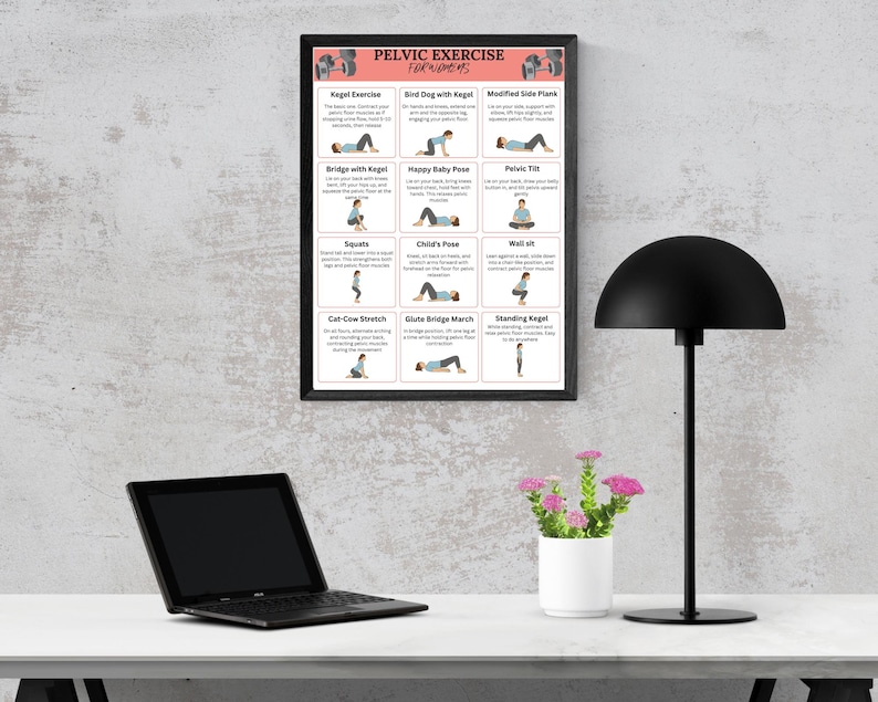 May include: A framed poster titled "Pelvic Exercise for Women" displays illustrated exercises. The poster is black-framed and hangs on a light gray wall. A black desk lamp and a small white vase with pink flowers are also visible.