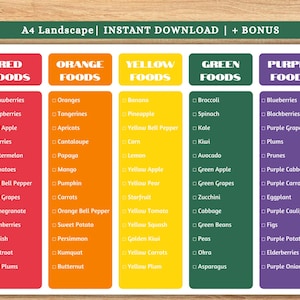 May include: A vibrant A4 printable chart categorizes fruits and vegetables by colour: red, orange, yellow, green, and purple. Each colour section lists various food items, such as strawberries, oranges, bananas, broccoli, and blueberries. The text "A4 Landscape | INSTANT DOWNLOAD | + BONUS" is at the top.