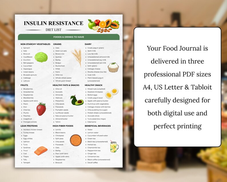 May include: A diet list titled "Insulin Resistance" with categories for foods and drinks. The list includes non-starchy vegetables, grains, fruits, healthy fats & snacks, healthy snacks, lean proteins, high-fiber foods, and beneficial beverages. Text on the right says "Your Food Journal is delivered in three professional PDF sizes".