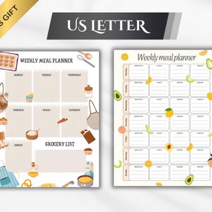 May include: Two weekly meal planner sheets. One features a grid layout with days of the week and a grocery list. The other has a grid with breakfast, lunch, dinner, and snack sections. Both have food illustrations and the text "US LETTER".