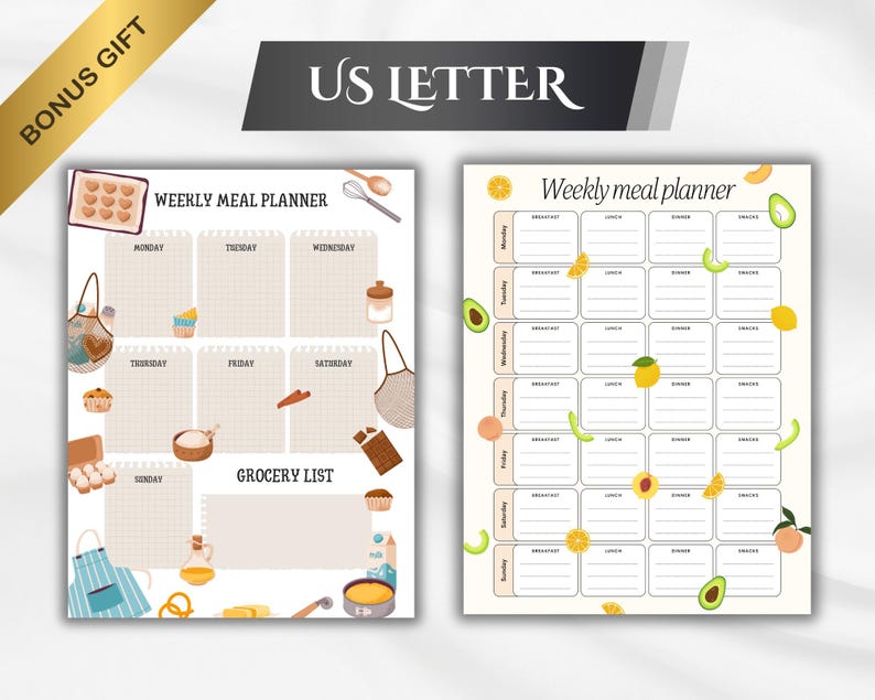 May include: Two weekly meal planner sheets. One features a grid layout with days of the week and a grocery list. The other has a grid with breakfast, lunch, dinner, and snack sections. Both have food illustrations and the text "US LETTER".