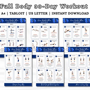 Könnte beinhalten: Ein Satz druckbarer Trainingspläne für ein 30-Tage-Ganzkörpertraining. Die Pläne sind in Marineblau und Weiß gehalten und enthalten Übungen für Rumpf, Po, Brust, Rücken, Bizeps, Trizeps, Quadrizeps, Oberschenkelmuskulatur und Schultern. Der Text "Full Body 30-Day Workout" steht oben.