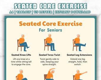 Ejercicios de core en silla para personas mayores: tabla de ejercicios suaves de core en silla para adultos mayores, PDF imprimible de fitness para personas mayores, rutina de bajo impacto