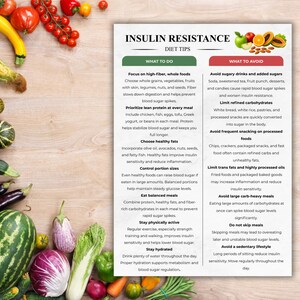 May include: A colorful image featuring a variety of fresh vegetables and fruits, including tomatoes, zucchini, and watermelon. A white paper with the title "INSULIN RESISTANCE DIET TIPS" is also visible, offering dietary advice.