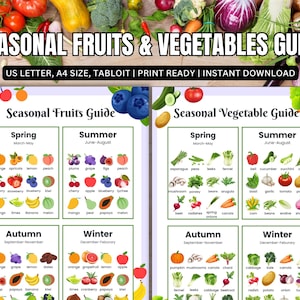May include: A guide to seasonal fruits and vegetables, with the text "SEASONAL FRUITS & VEGETABLES GUIDE". The guide is divided into seasonal sections: Spring, Summer, Autumn, and Winter, with illustrations of various fruits and vegetables.