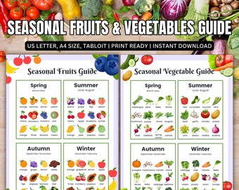Seasonal Fruits And Vegetables Poster, Produce Calendar, Kitchen Decor, Food Chart, Seasonal Food Guide, Vegetables Chart, Food Lover Gift