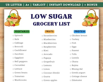 Lista de compras baja en azúcar, lista imprimible para diabéticos, lista de compras baja en azúcar en PDF, tabla de alimentos para diabéticos, lista de compras sin azúcar
